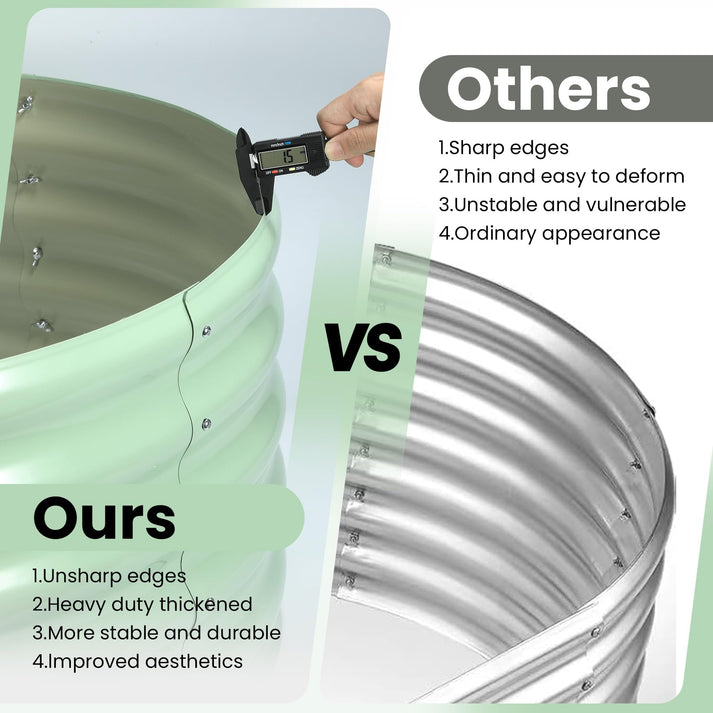 Huerto elevado con paneles galvanizados superpuestos y costuras reforzadas